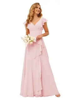 A-Line/Princess V Neck Short Sleeve Floor Length Bridesmaid Dresses With Ruffled Split — view 16