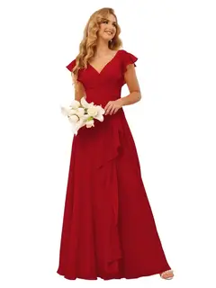 A-Line/Princess V Neck Short Sleeve Floor Length Bridesmaid Dresses With Ruffled Split — view 17