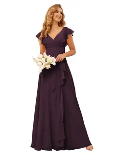 A-Line/Princess V Neck Short Sleeve Floor Length Bridesmaid Dresses With Ruffled Split — view 18