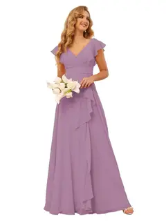 A-Line/Princess V Neck Short Sleeve Floor Length Bridesmaid Dresses With Ruffled Split — view 20