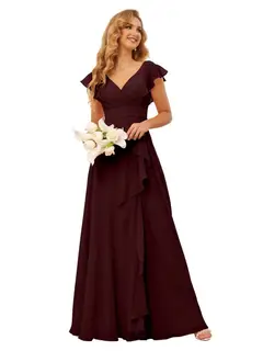 A-Line/Princess V Neck Short Sleeve Floor Length Bridesmaid Dresses With Ruffled Split — view 21