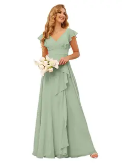 A-Line/Princess V Neck Short Sleeve Floor Length Bridesmaid Dresses With Ruffled Split — view 22