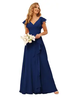 A-Line/Princess V Neck Short Sleeve Floor Length Bridesmaid Dresses With Ruffled Split — view 23