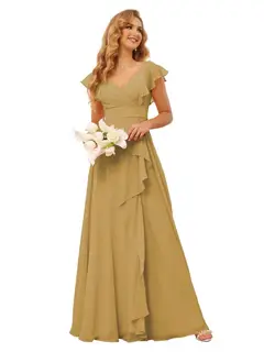 A-Line/Princess V Neck Short Sleeve Floor Length Bridesmaid Dresses With Ruffled Split — view 25