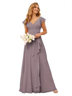 A-Line/Princess V Neck Short Sleeve Floor Length Bridesmaid Dresses With Ruffled Split — view 26
