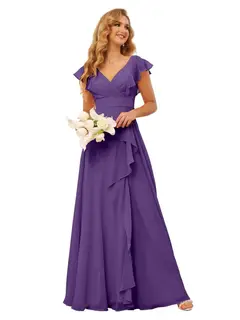 A-Line/Princess V Neck Short Sleeve Floor Length Bridesmaid Dresses With Ruffled Split — view 28