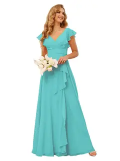 A-Line/Princess V Neck Short Sleeve Floor Length Bridesmaid Dresses With Ruffled Split — view 29