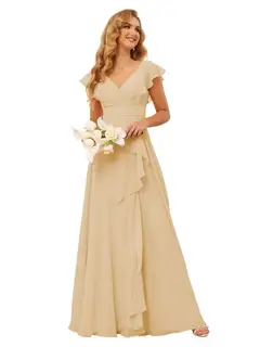 A-Line/Princess V Neck Short Sleeve Floor Length Bridesmaid Dresses With Ruffled Split — view 30