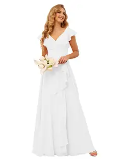 A-Line/Princess V Neck Short Sleeve Floor Length Bridesmaid Dresses With Ruffled Split — view 31