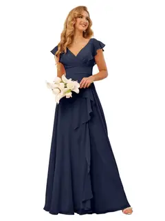 A-Line/Princess V Neck Short Sleeve Floor Length Bridesmaid Dresses With Ruffled Split — view 32