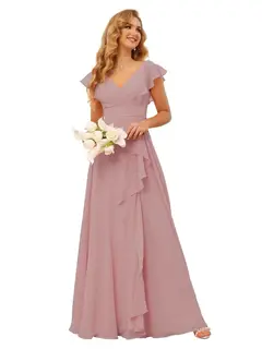 A-Line/Princess V Neck Short Sleeve Floor Length Bridesmaid Dresses With Ruffled Split — view 33