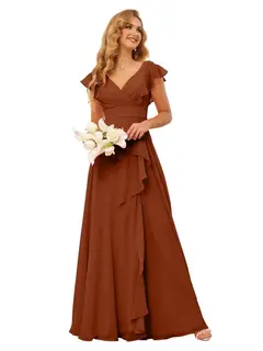A-Line/Princess V Neck Short Sleeve Floor Length Bridesmaid Dresses With Ruffled Split — view 34