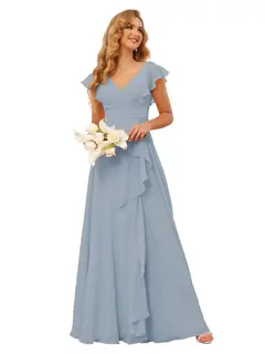 A-Line/Princess V Neck Short Sleeve Floor Length Bridesmaid Dresses With Ruffled Split — view 35