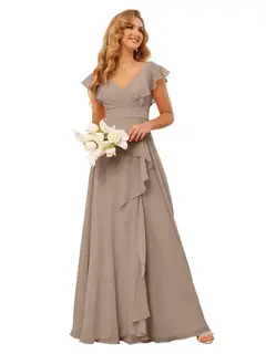 A-Line/Princess V Neck Short Sleeve Floor Length Bridesmaid Dresses With Ruffled Split — view 36