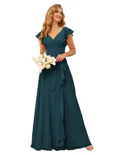 A-Line/Princess V Neck Short Sleeve Floor Length Bridesmaid Dresses With Ruffled Split — view 37