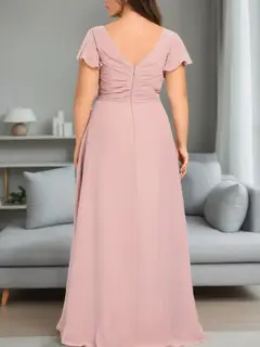 A-Line/Princess V-Neck Short Sleeves Floor-Length Unique Plus Size Bridesmaid Dresses with Ruffles — view 2