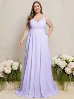 A-Line/Princess Deep V-Neck Spaghetti Straps Sleeveless Floor-Length Plus Size Bridesmaid Dresses with Ruffles — view 1