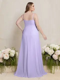 A-Line/Princess Deep V-Neck Spaghetti Straps Sleeveless Floor-Length Plus Size Bridesmaid Dresses with Ruffles — view 2