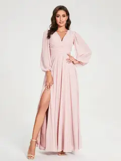 A-Line/Princess V-Neck Long Sleeves Floor-Length Bridesmaid Dresses with Pockets & Split Side — view 3