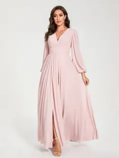 A-Line/Princess V-Neck Long Sleeves Floor-Length Bridesmaid Dresses with Pockets & Split Side — view 5