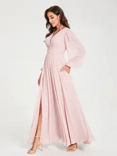 A-Line/Princess V-Neck Long Sleeves Floor-Length Bridesmaid Dresses with Pockets & Split Side — view 6