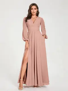 A-Line/Princess V-Neck Long Sleeves Floor-Length Bridesmaid Dresses with Pockets & Split Side — view 8