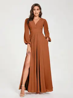 A-Line/Princess V-Neck Long Sleeves Floor-Length Bridesmaid Dresses with Pockets & Split Side — view 10
