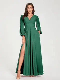A-Line/Princess V-Neck Long Sleeves Floor-Length Bridesmaid Dresses with Pockets & Split Side — view 12