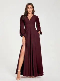 A-Line/Princess V-Neck Long Sleeves Floor-Length Bridesmaid Dresses with Pockets & Split Side — view 13