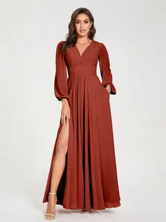 A-Line/Princess V-Neck Long Sleeves Floor-Length Bridesmaid Dresses with Pockets & Split Side — view 14