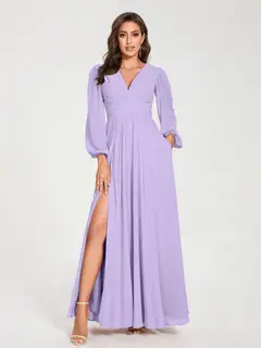 A-Line/Princess V-Neck Long Sleeves Floor-Length Bridesmaid Dresses with Pockets & Split Side — view 15