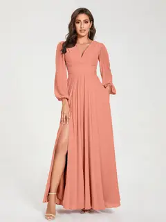 A-Line/Princess V-Neck Long Sleeves Floor-Length Bridesmaid Dresses with Pockets & Split Side — view 16