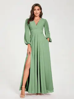A-Line/Princess V-Neck Long Sleeves Floor-Length Bridesmaid Dresses with Pockets & Split Side — view 17