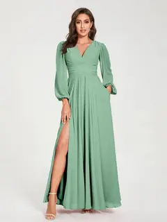 A-Line/Princess V-Neck Long Sleeves Floor-Length Bridesmaid Dresses with Pockets & Split Side — view 18