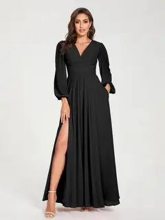 A-Line/Princess V-Neck Long Sleeves Floor-Length Bridesmaid Dresses with Pockets & Split Side — view 19