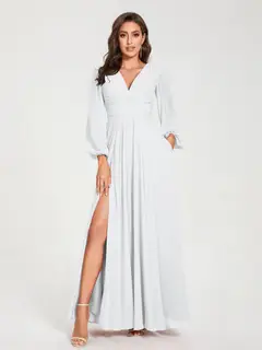 A-Line/Princess V-Neck Long Sleeves Floor-Length Bridesmaid Dresses with Pockets & Split Side — view 20