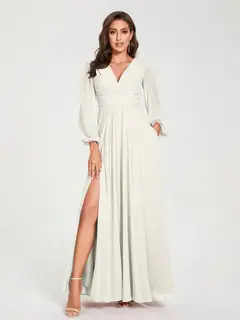 A-Line/Princess V-Neck Long Sleeves Floor-Length Bridesmaid Dresses with Pockets & Split Side — view 22
