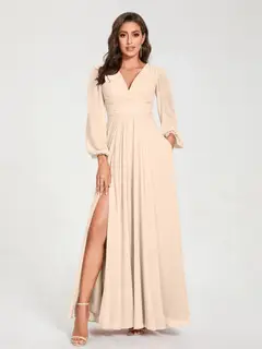 A-Line/Princess V-Neck Long Sleeves Floor-Length Bridesmaid Dresses with Pockets & Split Side — view 24
