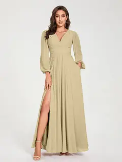 A-Line/Princess V-Neck Long Sleeves Floor-Length Bridesmaid Dresses with Pockets & Split Side — view 25