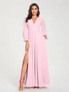 A-Line/Princess V-Neck Long Sleeves Floor-Length Bridesmaid Dresses with Pockets & Split Side — view 26