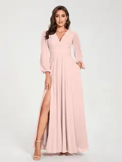 A-Line/Princess V-Neck Long Sleeves Floor-Length Bridesmaid Dresses with Pockets & Split Side — view 27