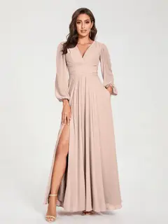 A-Line/Princess V-Neck Long Sleeves Floor-Length Bridesmaid Dresses with Pockets & Split Side — view 28