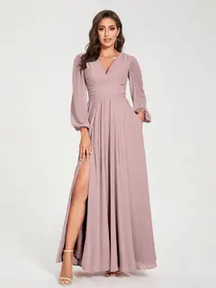A-Line/Princess V-Neck Long Sleeves Floor-Length Bridesmaid Dresses with Pockets & Split Side — view 30