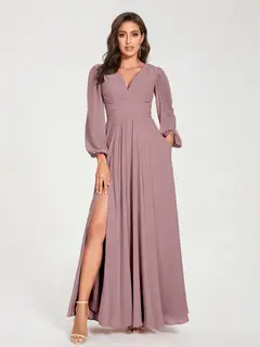 A-Line/Princess V-Neck Long Sleeves Floor-Length Bridesmaid Dresses with Pockets & Split Side — view 31