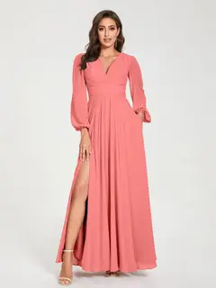A-Line/Princess V-Neck Long Sleeves Floor-Length Bridesmaid Dresses with Pockets & Split Side — view 32