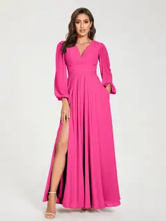 A-Line/Princess V-Neck Long Sleeves Floor-Length Bridesmaid Dresses with Pockets & Split Side — view 33