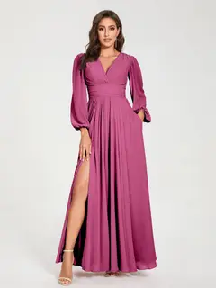 A-Line/Princess V-Neck Long Sleeves Floor-Length Bridesmaid Dresses with Pockets & Split Side — view 35