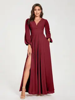 A-Line/Princess V-Neck Long Sleeves Floor-Length Bridesmaid Dresses with Pockets & Split Side — view 37