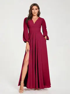 A-Line/Princess V-Neck Long Sleeves Floor-Length Bridesmaid Dresses with Pockets & Split Side — view 38
