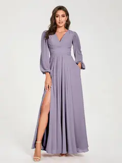 A-Line/Princess V-Neck Long Sleeves Floor-Length Bridesmaid Dresses with Pockets & Split Side — view 39